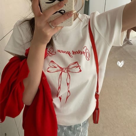 リボンプリント Tシャツ 半袖 クルーネック トップス レタープリント シンプル ルーズ レトロ 大人可愛い ガーリー カジュアル DTCA-775047425133