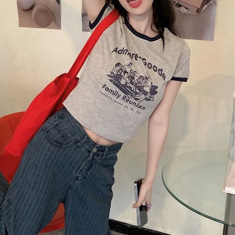 レトロプリント Tシャツ ショート丈 半袖 クルーネック スリムフィット レトロ カジュアル ストリートファッション ストリート系女子 DTCA-702505709620