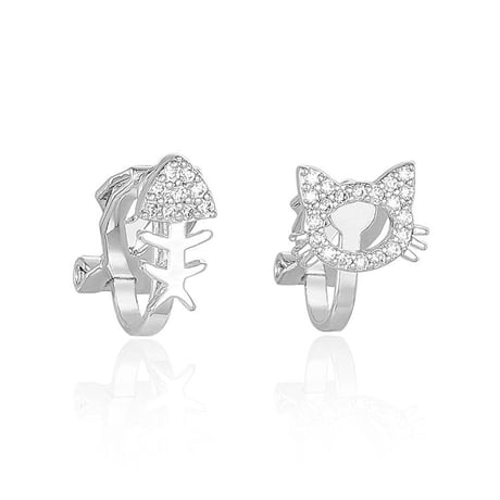 かわいいCZ猫ちゃんと魚骨 スタッドピアス イヤークリップ ねこ 猫 魚骨 CZ ピアス シルバー925 合金 アクセサリー DTC-626646347931