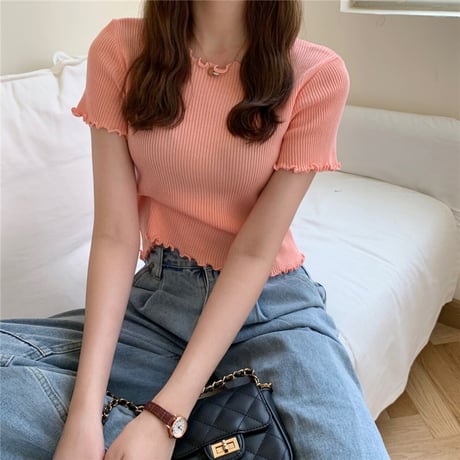 ウェーブヘム リブニット サマーニット Tシャツ 半袖 ラウンドネック トップス 韓国ファッション レディース カットソー シンプル 大人可愛い ガーリー DTC-639423318201