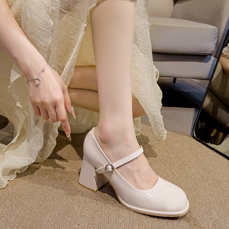 メリージェーンパンプス 22.0～24.5cm パテントレザー チャンキーヒール 太ヒール 7.5cm パンプス ラウンドトゥ 韓国ファッション レディース DTCA-821831991229