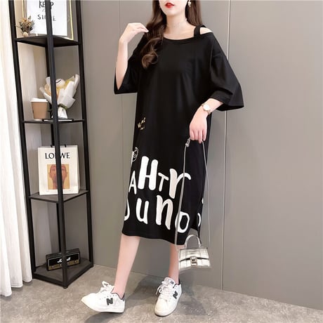 Tシャツ ワンピース オフショルダー ワンショルダー ゆったり 半袖 ロング丈 レトロ 韓国ファッション レディース 大人可愛い ガーリー カジュアル DTC-643529650399