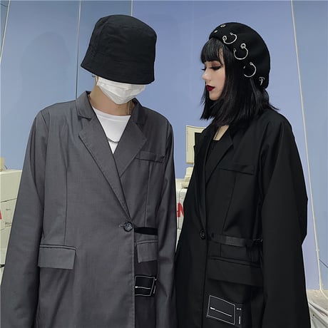 サイドベルト テーラードジャケット ユニセックス 韓国ファッション レディース メンズ シングルブレスト ルーズ ゆったり フォーマル 大人可愛い ガーリー DTC-625445762684
