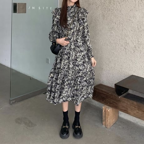 ワンピース クルーネック 長袖 Aライン ロング丈 ハイウエスト レトロ 韓国ファッション レディース 大人可愛い ガーリー フェミニン DTC-654404231190