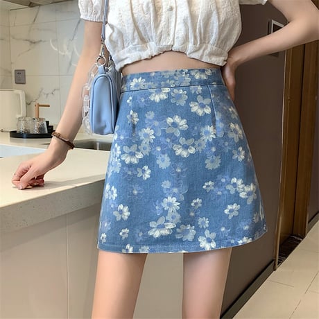 花柄 デニムスカート ミニスカート デニム 総柄 ハイウエスト レトロ 韓国ファッション レディース 大人可愛い ガーリー フェミニン カジュアル DTC-643028662409