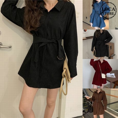 シャツワンピース ベルト シャツ 長袖 韓国ファッション レディース トップス ゆったり 大人可愛い ガーリー フェミニン カジュアル DTC-627127092317