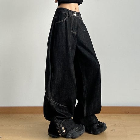 デニムパンツ 裾ボタン ボトムス ジーンズ ハイウエスト デニム ワイドパンツ ルーズ パンツ ズボン レトロ 大人可愛い ガーリー カジュアル DTCA-838887191413