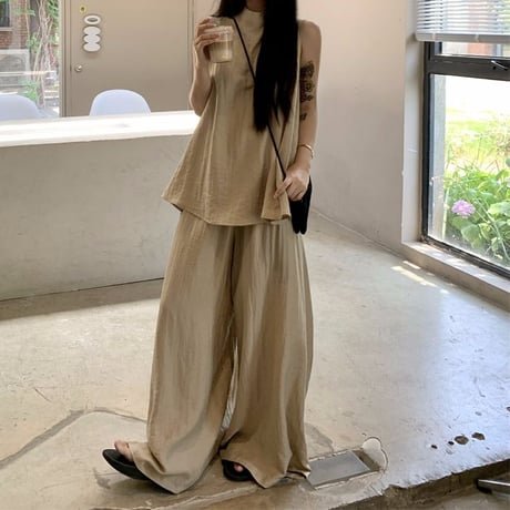 セットアップ 2点セット ノースリーブ トップス ワイドパンツ ルーズ カットソー モップパンツ レトロ 韓国ファッション レディース 大人可愛い ガーリー DTC-806843446722