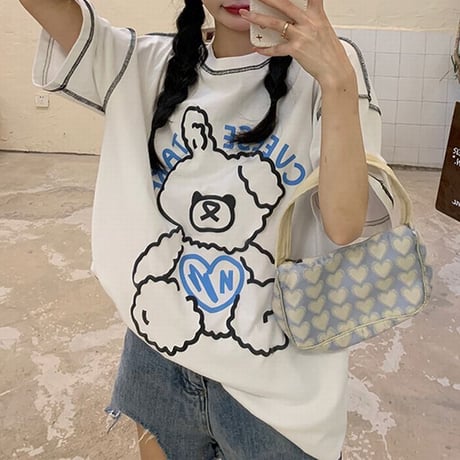Tシャツ 半袖 クマちゃん ベアー ラウンドネック オーバーサイズ 韓国ファッション レディース 大きめ カジュアル ストリートファッション DTC-643069916522