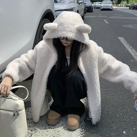 クマ耳 フード付き ボアブルゾン ファーブルゾン アウター ラムウール もこもこ 防寒 ゆったり ルーズ 長袖 冬 レトロ 大人可愛い ガーリー DTCA-831602266614