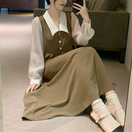 フェイクレイヤード ワンピース ドッキングワンピース ブラウス ジャンパースカート 長袖 ロング丈 ハイウエスト 韓国ファッション レディース 大人可愛い ガーリー DTC-658115140150