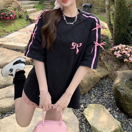 Tシャツ 刺繍 リボン 袖ライン オーバーサイズ クルーネック トップス 半袖 レトロ 韓国ファッション レディース 大人可愛い ガーリー DTC-789279670813