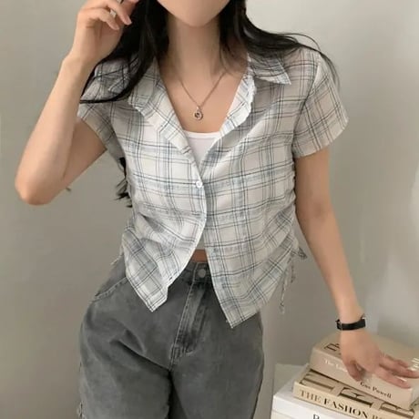 チェック柄シャツ サイドシャーリング トップス ショート丈 ドローストリング ドロスト チェックシャツ 半袖 レトロ 大人可愛い ガーリー カジュアル トレンド DTCA-925867914003