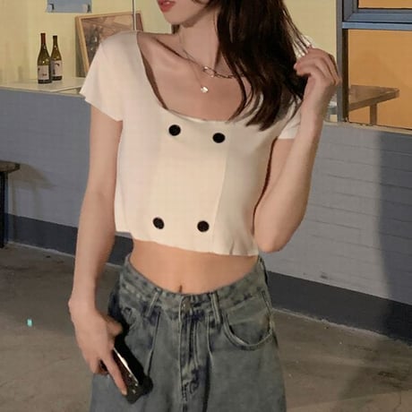 Tシャツ クロップド丈 スクエアネック ダブルボタン ショート丈 へそ出し カットソー トップス 半袖 レトロ 韓国ファッション レディース 大人可愛い ガーリー DTC-679611394353