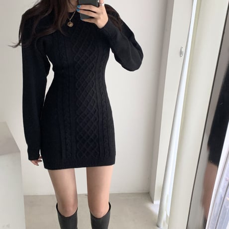 ニットワンピース 背中開き 背中見せ ツイスト編み ハイウエスト 韓国ファッション レディース ニット ワンピース 無地 大人可愛い ガーリー DTC-629490442432