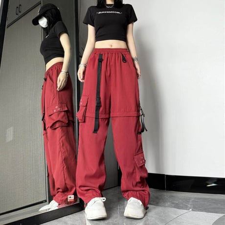 2WAY カーゴパンツ ワイドパンツ バックルベルト ストラップ ミリタリーパンツ アシンメトリー ウエストゴム 韓国ファッション レディース カジュアル DTC-656242658198_2