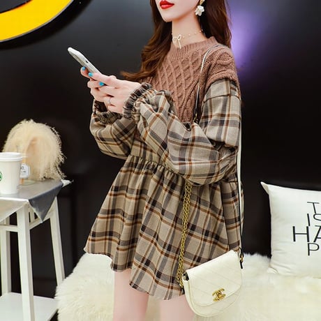 ドッキングトップス ケーブル編み ニット ＋ チェック チュニック ブラウス 韓国ファッション レディース フェイクレイヤード 大人カジュアル ガーリー DTC-625594971753