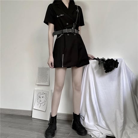 ベルト付き ワンピース シャツ 韓国ファッション レディース ダブルブレスト ハイウエスト ショート丈 シンプル ガーリー DTC-617702303491