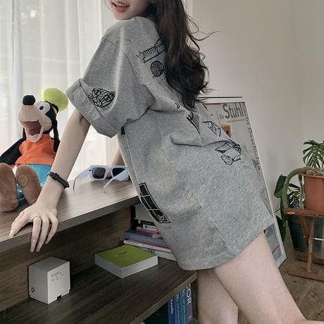 tシャツ 漫画風プリント トップス 半袖 クルーネック オーバーサイズ ルーズ ゆったり カジュアル レトロ 韓国ファッション レディース DTC-771349016436