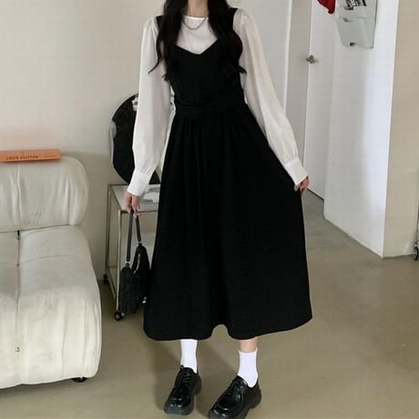 2点セット ブラウス Tシャツ ジャンパースカート ジャンスカ ハイウエスト 長袖 ルーズ セットアップ レトロ 韓国ファッション レディース 大人可愛い ガーリー DTC-662337447667