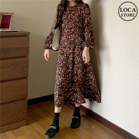 花柄 ワンピース ロング丈 長袖 フェミニン 韓国ファッション レディース ラウンドネック ハイウエスト ゆったり 大人可愛い ガーリー DTC-628676263373