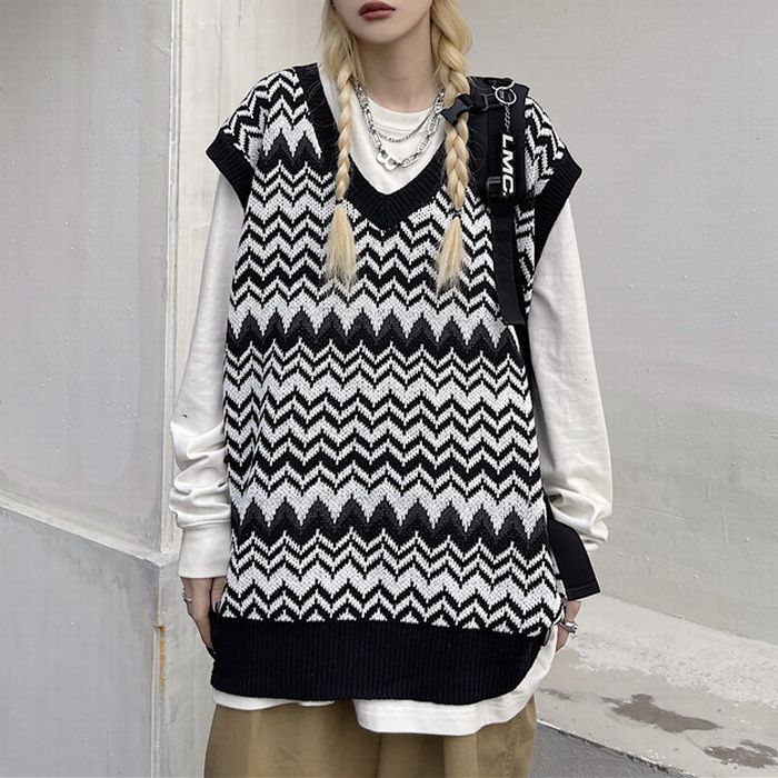 ユニセックス ニットベスト ジャガード柄 波柄 Vネック ゆったり