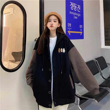 フード付き ブルゾン パーカー 月輪熊 パンダ 白熊 プラスベルベット アウター オーバーサイズ 韓国ファッション レディース ガーリー カジュアル ストリート系 DTC-630016028692
