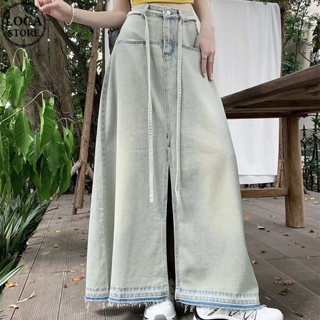 デニムスカート スリット マキシ丈 ハイウエスト デニムロングスカート Aライン デニム スカート レトロ 韓国ファッション レディース 大人可愛い ガーリー DTC-732866942320