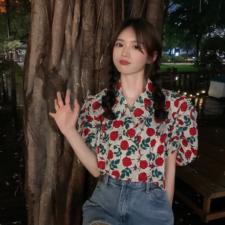 花柄 シャツ パフスリーブ 半袖 薔薇 開き襟 ルーズ レトロ 韓国ファッション レディース 大人可愛い ガーリー フェミニン DTC-647937909050