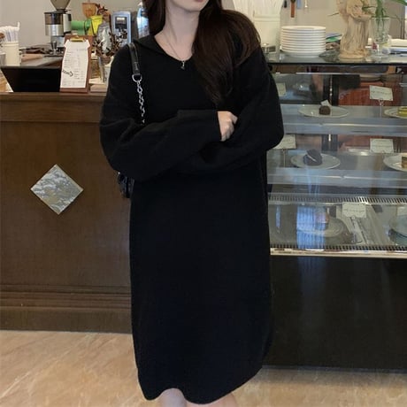 フード付き ニットワンピース ロングワンピース ルーズ ゆったり ルーズウエスト 長袖 レトロ 韓国ファッション レディース 大人可愛い ガーリー DTC-682629628231