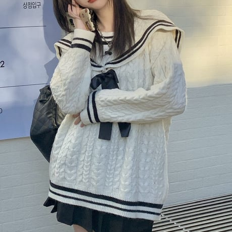 セーラー襟 ニットセーター リボン プルオーバー 長袖 ゆったり リボンタイ ニット レトロ 韓国ファッション レディース 大人可愛い ガーリー カジュアル DTC-654558626868