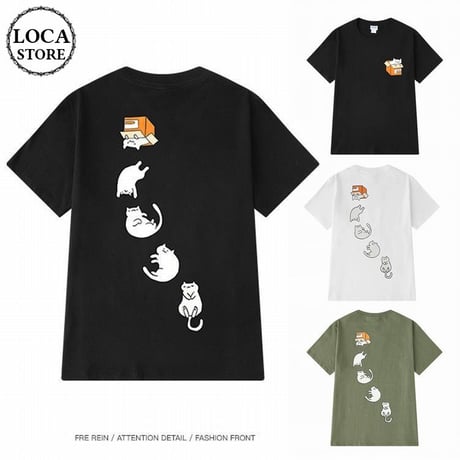 ユニセックス メンズ/レディース Tシャツ ダンボールから転げ落ちる猫プリント 大きいサイズ 可愛い ストリート (DCT-592088887814)