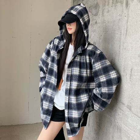 フード付き チェックシャツ パーカー チェック柄 シャツ ウールジャケット オーバーサイズ トップス 長袖 レトロ 韓国ファッション レディース 大人可愛い ガーリー DTC-841559294886