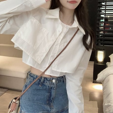 クロップド丈 シャツ フェイクツーピース シャツジャケット ルーズ 長袖 レトロ 韓国ファッション レディース 大人可愛い ガーリー DTC-711928218919
