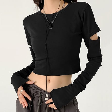 カットアウト Tシャツ クロップド丈 クルーネック ロンT トップス ショート丈 スリムフィット シンプル 長袖 ルーズ レトロ 大人可愛い ガーリー カジュアル DTCA-740310634830