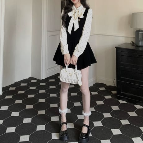 フェイクレイヤード ワンピース ドット柄 ブラウス ジャンパースカート リボン ボウタイ フェイクツーピース ミニワンピース Aライン レトロ 大人可愛い ガーリー DTCA-885816764205