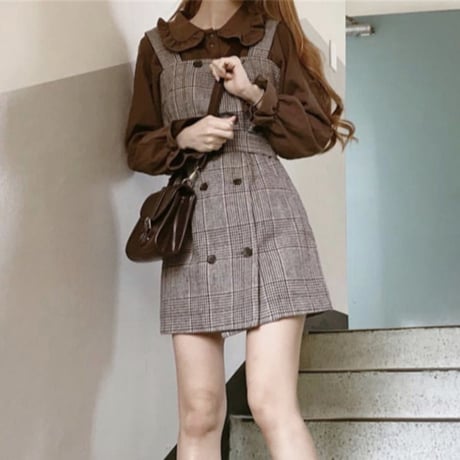 セットアップ ジャンパースカート ワンピース フリル ブラウス ミニ丈 レトロ 韓国ファッション レディース 大人可愛い ガーリー DTCA-628240588568