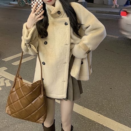 フェイクファー コート ネックベルト ハイネック ミドル丈 もこもこ ダブルブレスト ゆったり 韓国ファッション レディース 大人可愛い ガーリー DTC-659758489729