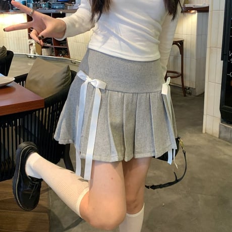 リボン プリーツスカート ウールスカート ミニスカート ハイウエスト スカート Aライン レトロ 韓国ファッション レディース 大人可愛い ガーリー DTC-757249344730