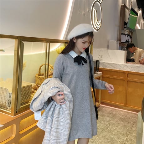襟付き ニットワンピース 韓国ファッション レディース ボウタイ リボン 長袖 シンプル レトロ ガーリー 秋 冬 大人カジュアル (DTC-581766801275)