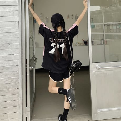 Tシャツ ユニフォーム風 オーバーサイズ サイドライン バイカラー トップス 半袖 レトロ 韓国ファッション レディース 大人可愛い ガーリー スポーツミックス DTC-802941498047