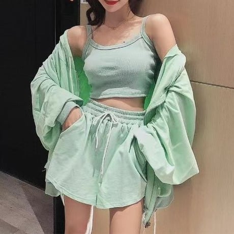 セットアップ 3点セット ジップアップ パーカー ショートパンツ キャミソール 上下セット 薄手 ルーズ レトロ 大人可愛い ガーリー カジュアル スポーツミックス DTCA-660018365532