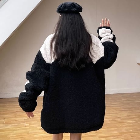 ユニセックス ボアジャケット ボアブルゾン バイカラー ジップアップ オーバーサイズ ラムウール 韓国ファッション メンズ レディース カジュアル ストリート系 DTC-657833299511