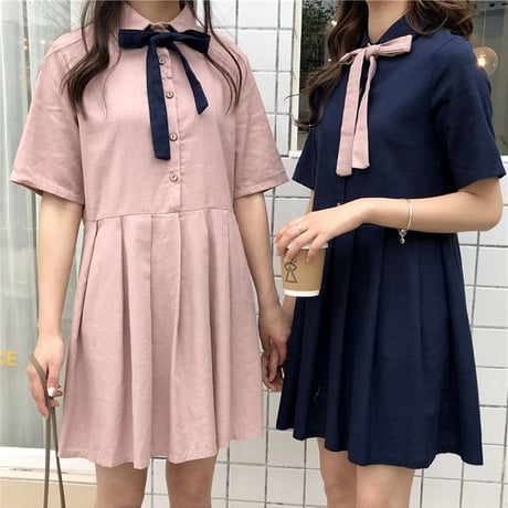 レディース ワンピース プリーツスカート 薄手 ボウタイ リボン ゆったり ガーリー 韓国ファッション (DCT-591685926711)