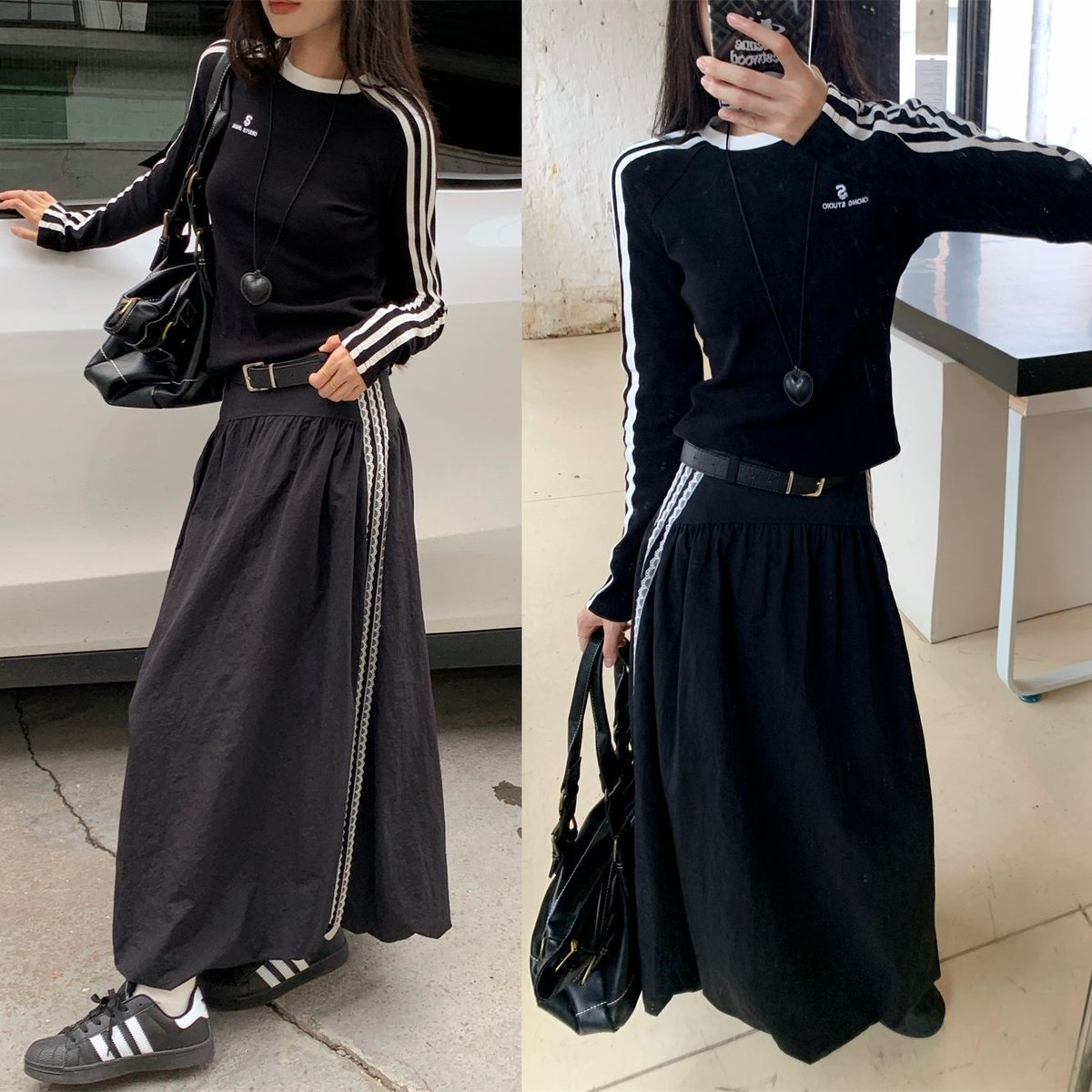 セットアップ サイドライン ロゴ トップス ロングスカート スリム 