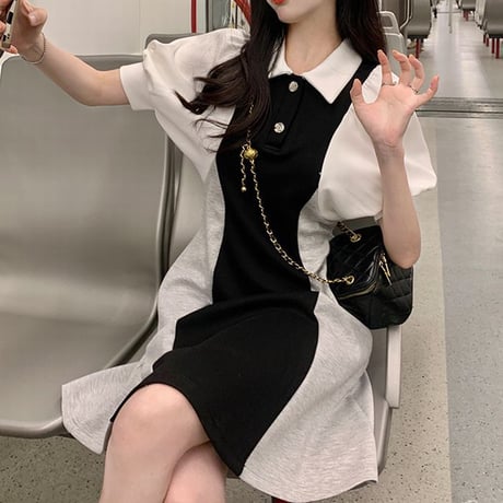 ポロワンピース バイカラー ワンピース ハイウエスト ポロカラー 襟付き ポロワンピ 半袖 レトロ 韓国ファッション レディース 大人可愛い ガーリー DTC-673265664662