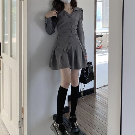 シャツワンピース ウエストギャザー ハイウエスト Vネック ワンピース aライン 長袖 レトロ 韓国ファッション レディース 大人可愛い ガーリー DTCA-929714132575