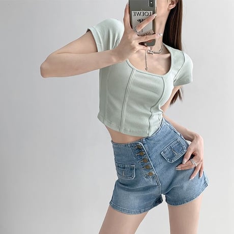 Tシャツ スクエアネック 半袖 クロップド丈 トップス リブ タイト スリムフィット スリムtシャツ シンプル レトロ 大人可愛い ガーリー カジュアル DTCA-704390055680