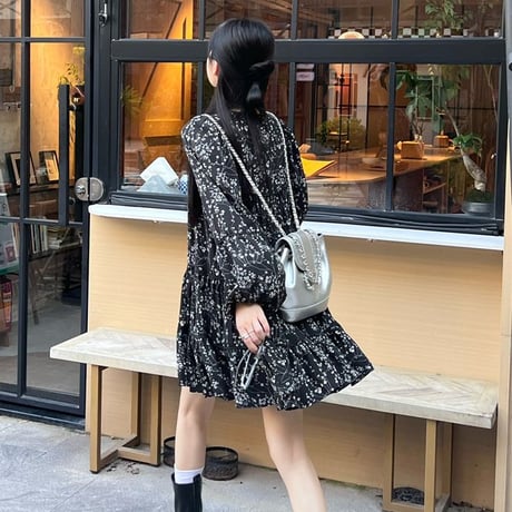 花柄 ワンピース ランタンスリーブ フリル ミニワンピース ゆったりウエスト Aライン ルーズ 長袖 レトロ 韓国ファッション レディース 大人可愛い ガーリー DTC-734739190315