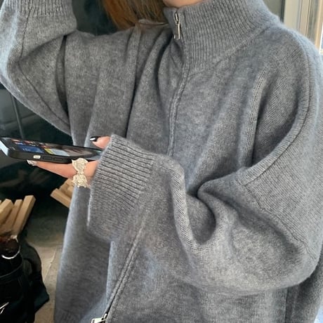 ダブルジップ ニット ルーズ トップス ジップアップ スタンドカラー ハイネック 長袖 レトロ 韓国ファッション レディース 大人可愛い ガーリー カジュアル DTCA-825522566791